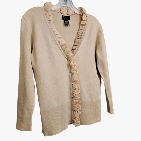 Nwot Philosophy by Republic Tan Ruffled 3/4 Sleeve Cardigan w/Silver Bead Button - Picture 6 of 15